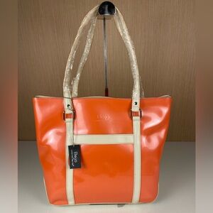 💐Beijo Orange Patent Leather Tote Bag Cream Trim Large Shoulder Bag